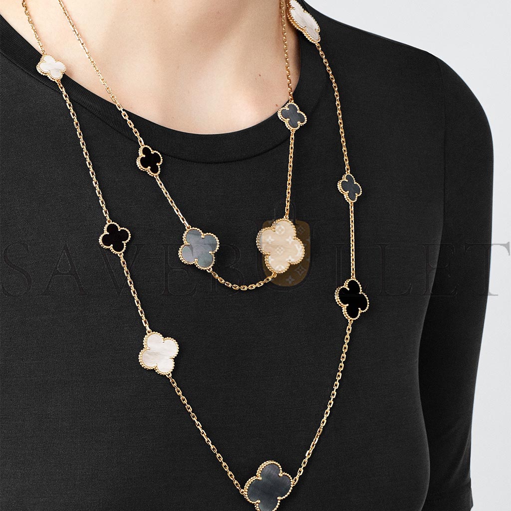 V*N CL*F arpels magic alhambra long necklace, 16 motifs - yellow gold, mother-of-pearl, onyx  vcard79400